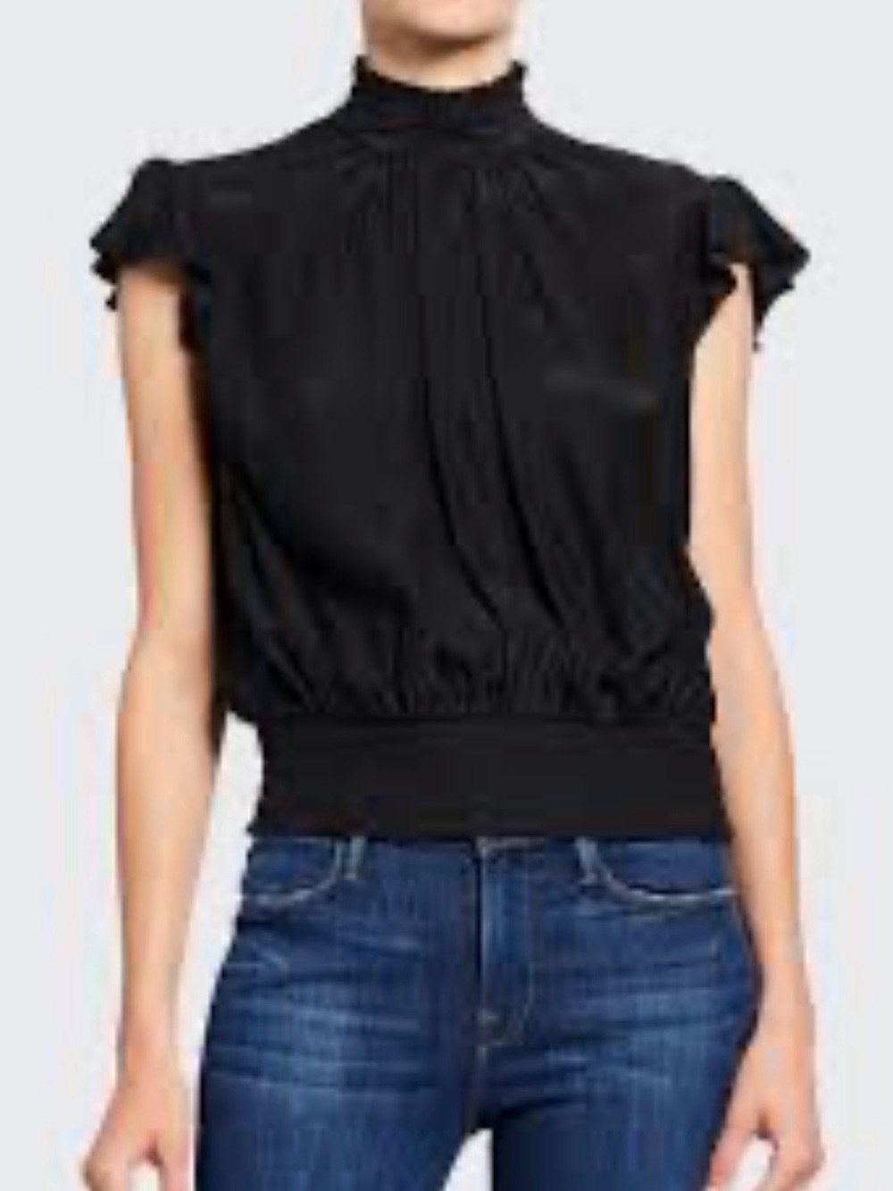 FRAME Mock-Neck Cap-Sleeve Smocked Ruffle Top Blouse Noir Black Size Large